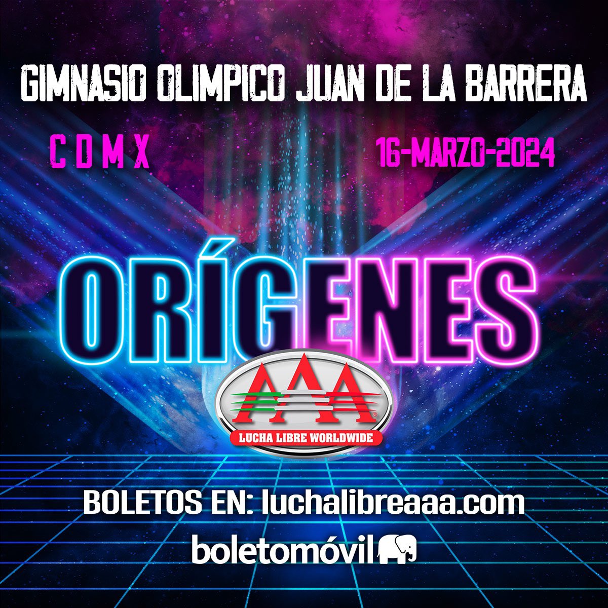 MPenaAAA's tweet photo. Esperamos a todos nuestros aficionados de la Ciudad de México al evento grabado para TV de la gira #OrígenesAAA: Noche #AAARetro 🌌

16 de marzo, Gimnasio Olímpico Juan de la Barrera

Boletos disponibles en @boletomovil @luchalibreaaa https://t.co/hDJHnxINrY