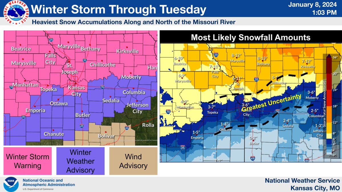 NWSKansasCity's tweet photo. 1:30pm Update: Good Afternoon! Here's our latest forecast update for the region and we've expanded the Winter Storm Warning to now include the KC Metro and locations along and north of the Missouri River. #snow #kswx #mowx https://t.co/zpJgqRVkhi