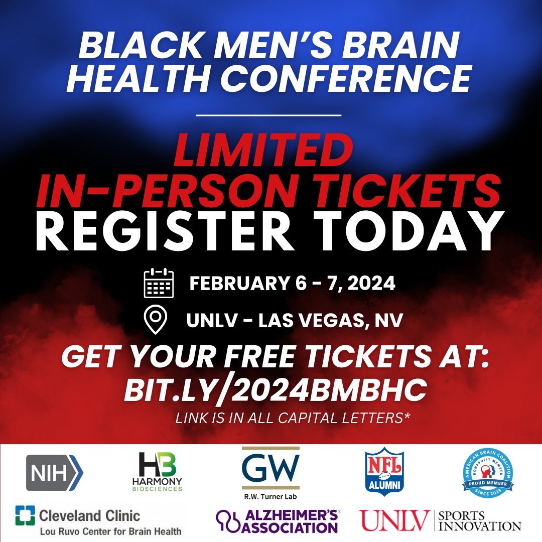 In-person tickets are LOW! 🙌 Get your FREE tickets to attend the Black Men's Brain Health Conference in-person or virtually on February 6-7th, 2024 at <a href="/unlv/">UNLV</a>!👉 FREE Tickets Here: bit.ly/2024BMBHC