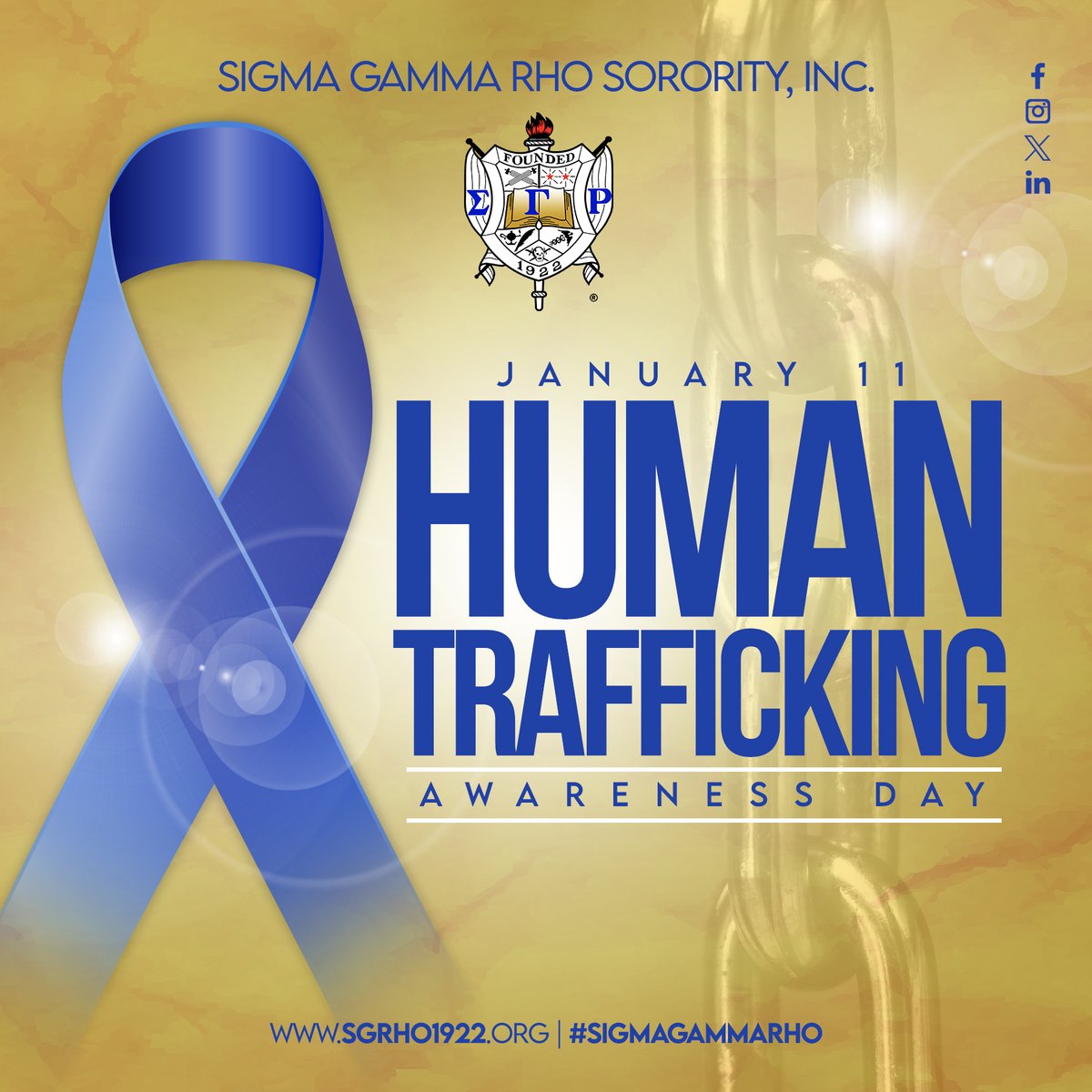 January 11th is National Human Trafficking Awareness Day. Sigma Gamma Rho Sorority, Incorporated encourages you to #WearBlue in order to raise awareness about Human Trafficking. Remember, if you see something say something!

#SigmaGammaRho #HumanTrafficking #WearBlueDay