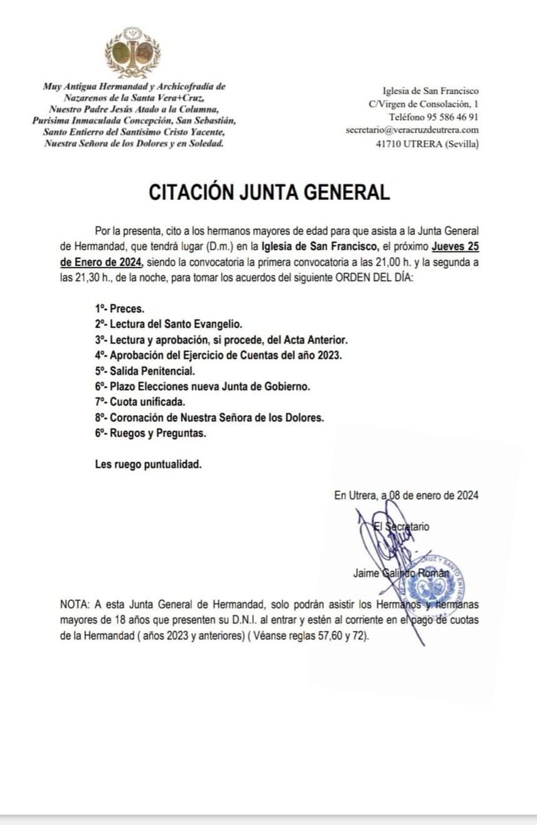 📣 Citación Junta General de herman@s.
       Próximo jueves 25 de enero.