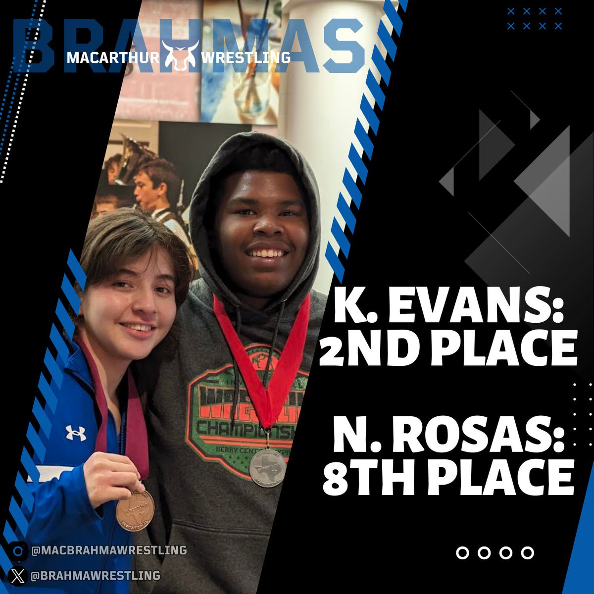 MacArthur Brahmas Wrestling (@brahmawrestling) on Twitter photo The Brahmas fought hard this past weekend at Cy Fair. Congrats to those who competed, but especially K. Evans (2nd Place) and N. Rosas (8th Place) for your earned medals. <a href="/RealBrahmaPride/">MacArthur HS</a> <a href="/MacBrahmaSports/">Brahma Sports</a> @BrahmaNation <a href="/brahma_booster/">Brahma Booster</a> <a href="/NeisdAthletics/">NEISD ATHLETICS</a> <a href="/PrincipalHDZ/">Joaquin R Hernandez</a> <a href="/CoachHirst34/">Kevin Hirst</a> The Brahmas fought hard this past weekend at Cy Fair. Congrats to those who competed, but especially K. Evans (2nd Place) and N. Rosas (8th Place) for your earned medals. <a href="/RealBrahmaPride/">MacArthur HS</a> <a href="/MacBrahmaSports/">Brahma Sports</a> @BrahmaNation <a href="/brahma_booster/">Brahma Booster</a> <a href="/NeisdAthletics/">NEISD ATHLETICS</a> <a href="/PrincipalHDZ/">Joaquin R Hernandez</a> <a href="/CoachHirst34/">Kevin Hirst</a>