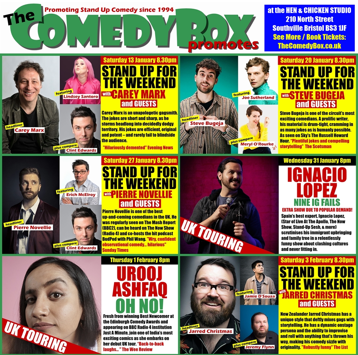 Comedy Up Next at Bristol's Hen & Chicken Studio is the decidedly dark humour of CAREY MARX who headlines this Saturday 13 January. Joining Carey, and making her debut appearance for The Comedy Box, is the rude, crude and lewd LINDSEY SANTORO. See more: bit.ly/3ZSvrOH