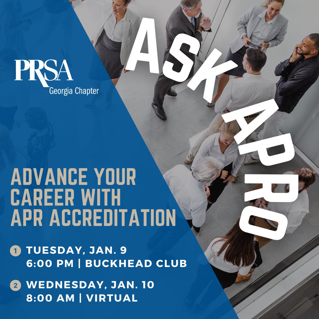 prsageorgia's tweet photo. 🔑 Unlock career growth with APR Accreditation! Chat with Accredited APR Georgia professionals in person or virtually this week. 

PRSA Georgia pros with 5 years' experience, don’t miss this chance to boost your career! Learn more: https://t.co/IpWovsHkrM https://t.co/8AHYJS0VrL