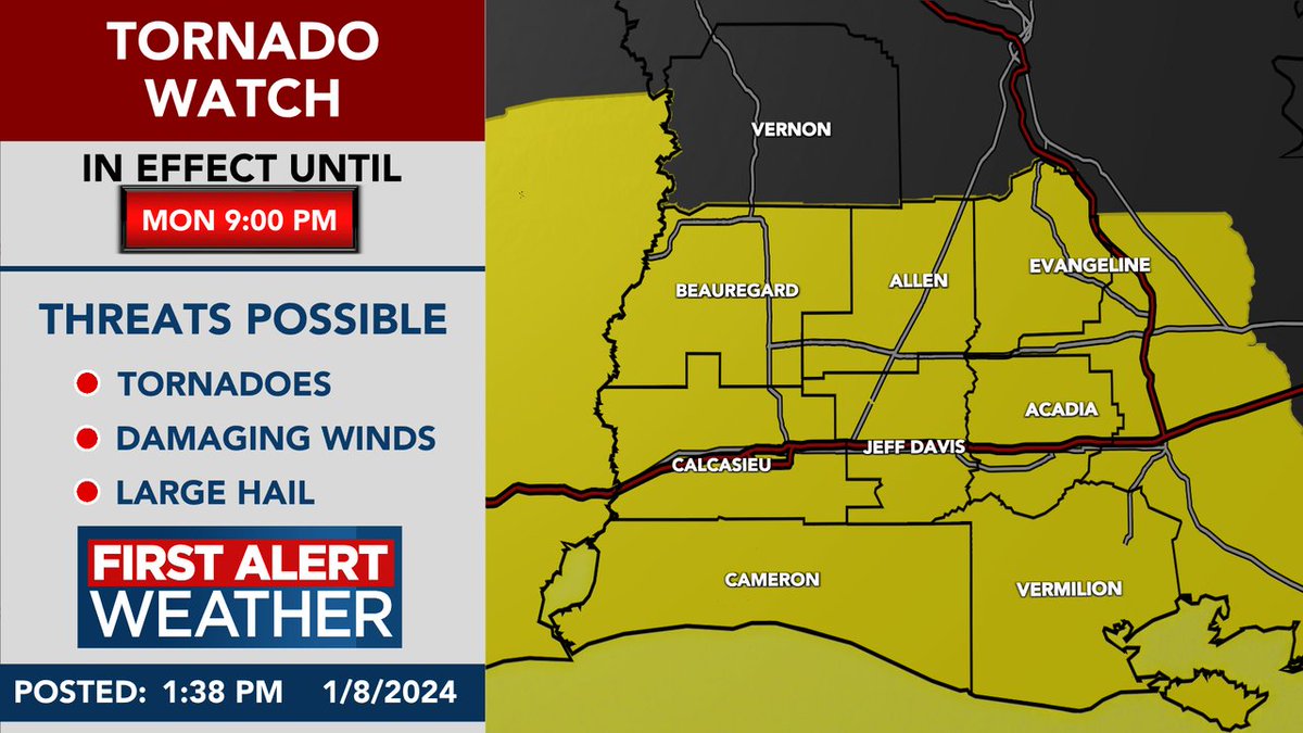 A Tornado Watch has been issued for the portions of SWLA until: Jan 08 9:00PM CST.  Now is a good time to make sure you have our weather app downloaded: kplctv.com/apps