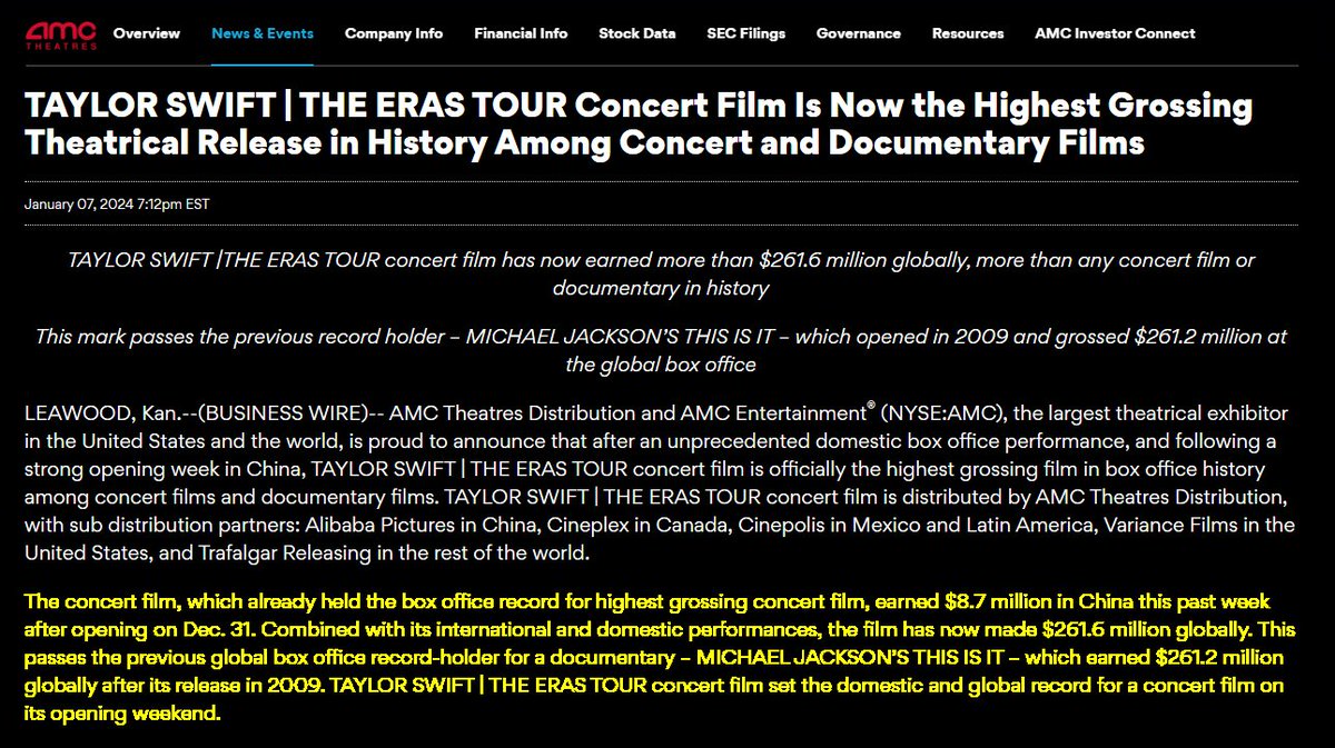 LongBullyStick's tweet photo. $ABQQ -- $AMC press release!  Taylor Swift movie made $8,700,000 in China last week. (That was the first full week playing.)  At 11% of box office receipts, that means $957,000 for $ABQQ -- with lots more 💰 on the way!  This is going to be a fun ride over the next few months! https://t.co/lorUvrEs90