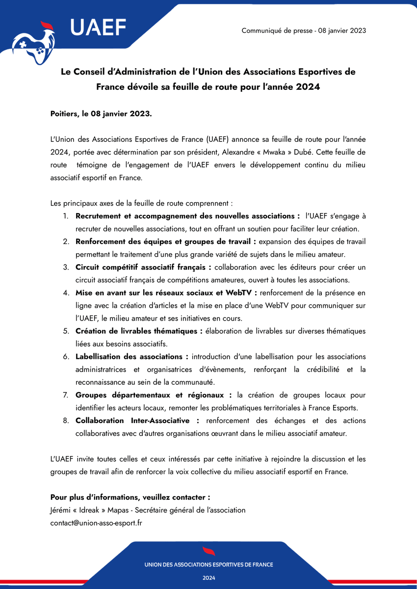 UAEF_Officiel's tweet photo. En ce début d'année, l'UAEF vous souhaite une bonne année et vous dévoile sa feuille de route 2024, portée avec détermination par son président @MtlkMwaka ! 🤝

Rejoignez-nous afin de façonner l'avenir du milieu associatif esportif en France ! #UAEF #AssoFrance #Esport https://t.co/7ZHJVwOqUA