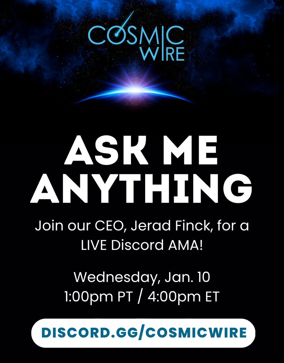 CosmicWireInc's tweet photo. Join our CEO @__BLAZAR__ for a Discord AMA, LIVE from CES! Get your questions ready &amp; tune in this Wednesday at 1pm PT / 4pm ET 👉 https://t.co/w4KPAfMtSk. Like and repost if you'll be there!

PS - don't forget to sign up for our email list at https://t.co/Qm9ovWkOBK  🚀 https://t.co/E8Fbz6xY4s