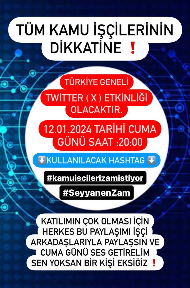 Kamu da Taşeron İşçilik son bulsun Kamu işçilerine 
Seyyanen Zam elzemdir
#Kamuiscilerizamistiyor 
#ekprotokol 
#VergideAdalet sağlansın 
<a href="/memetsimsek/">Mehmet Simsek</a> <a href="/isikhanvedat/">Prof. Dr. Vedat Işıkhan</a> <a href="/RTErdogan/">Recep Tayyip Erdoğan</a> <a href="/eczozgurozel/">Özgür Özel</a> <a href="/dbdevletbahceli/">Devlet Bahçeli</a> <a href="/meral_aksener/">Meral Akşener</a> <a href="/T_Karamollaoglu/">Temel Karamollaoğlu</a> <a href="/alibabacan/">Ali Babacan</a> <a href="/Ahmet_Davutoglu/">Ahmet Davutoğlu</a> <a href="/umitozdag/">Ümit Özdağ</a>