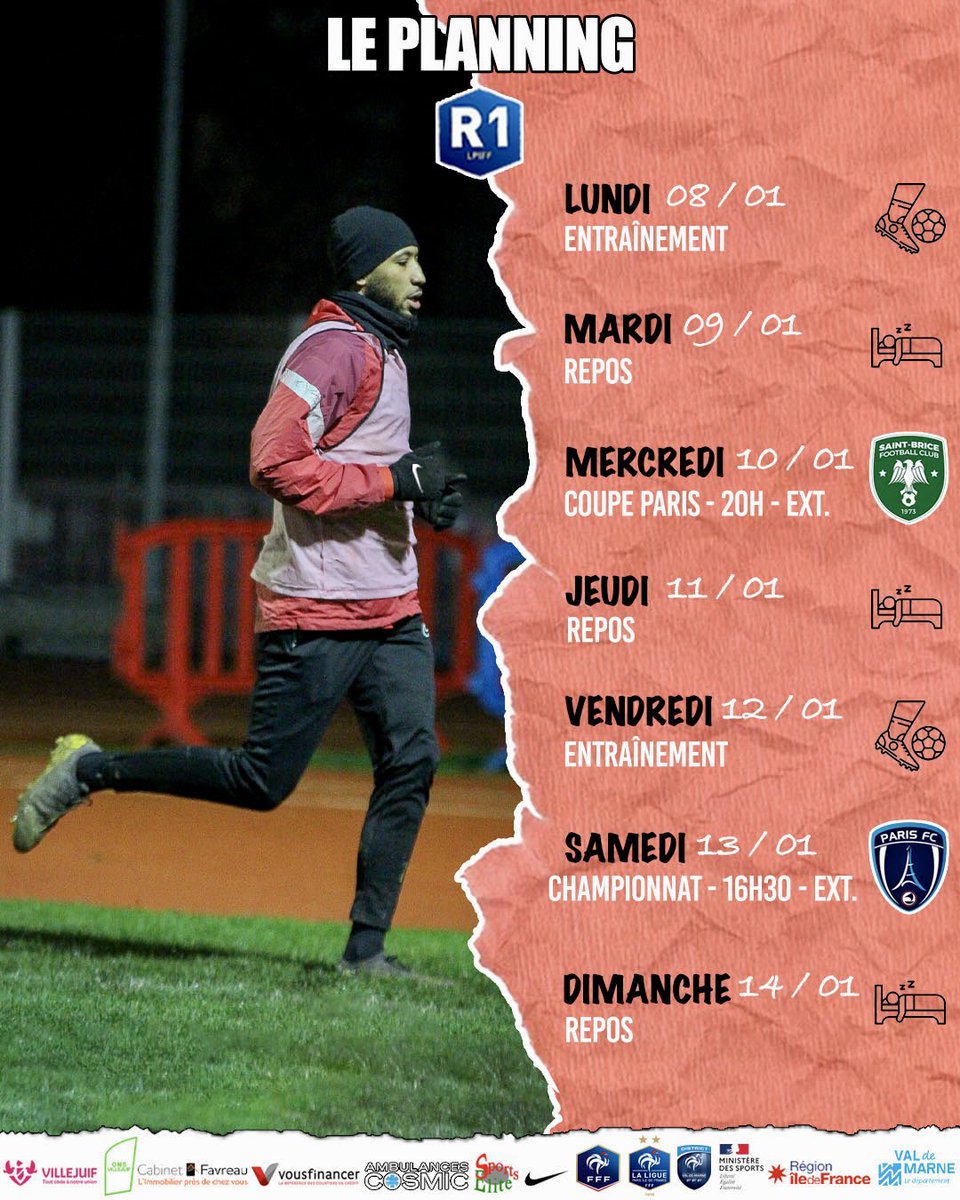 📋 𝗟𝗘 𝗣𝗟𝗔𝗡𝗡𝗜𝗡𝗚

Programme chargé pour nos Villejuifois : 2 Séances + 1/8 Finale Coupe de Paris à <a href="/StBriceFc/">Saint-Brice F.C</a> + la J9 de R1 au <a href="/ParisFC/">Paris FC</a>

Bonne semaine à tous 🔥

📲 Suivez-nous sur nos autres réseaux sociaux "𝗨𝗦 𝗩𝗜𝗟𝗟𝗘𝗝𝗨𝗜𝗙 𝗙𝗢𝗢𝗧" sur Facebook Instagram Snap !