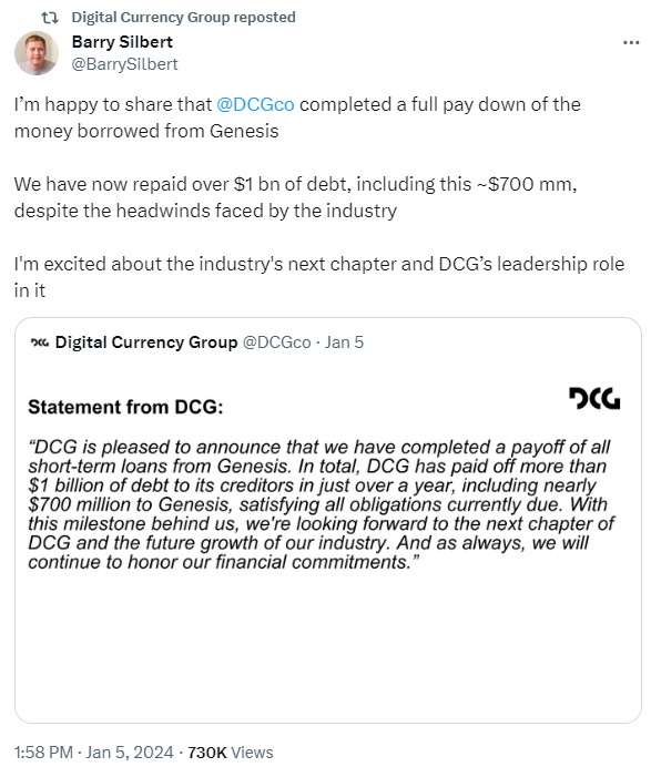 1/ On January 5th, 2024, <a href="/DCGco/">DCG</a> (and <a href="/BarrySilbert/">Barry Silbert</a>) triumphantly announced it had *finally* paid off a loan due in May 2023 to its child company Genesis (now in bankruptcy).

This announcement follows a pattern of deception used by Barry and DCG for over a year.

Thread time 🧵