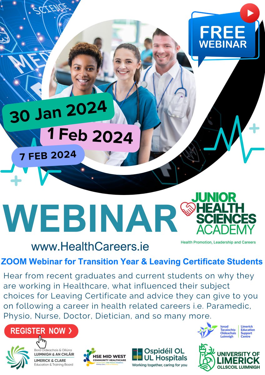 Free Webinar for Transition Year students about Careers in Health Health Sciences Academy Early Careers Event 2024 For details visit our website: sway.cloud.microsoft/3jKaYCHTXirqtB…… @accsirl @ETBIreland @JMB_Secretariat @limerickedcentr @NAPD_IE @IverHanrahanGP