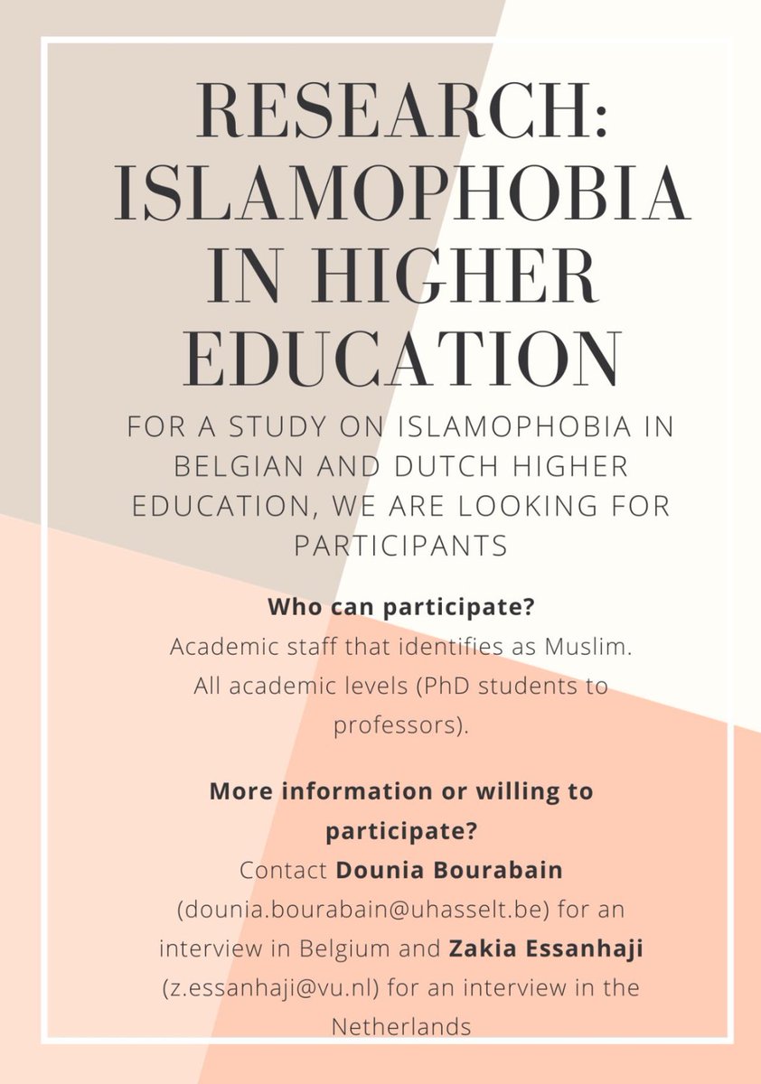 📢 Call for interviewees: Muslim academics' experiences with #Islamophobia in Belgian and Dutch higher education

Please send a dm for more details or if you’d like to participate to an interview. 

Sharing is caring!

#racism #academia #inclusion