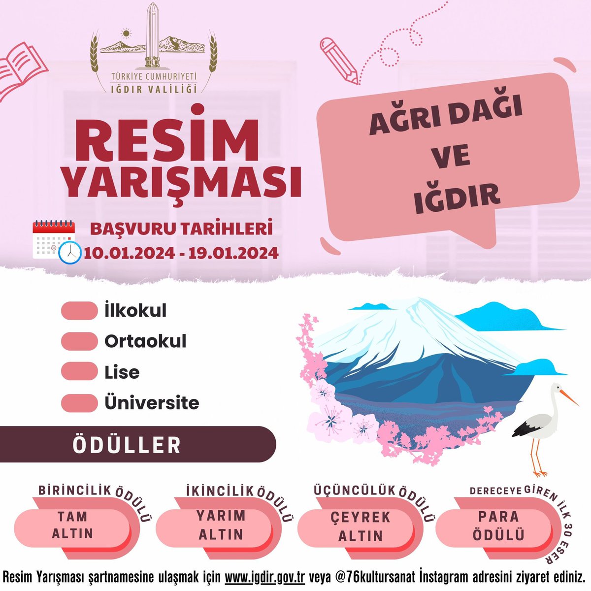 76kultursanat's tweet photo. 🎨RESİM YARIŞMASI

📌Ağrı Dağı ve Iğdır
📌Vatan ve Şehitlik
📌Gazze ve İnsanlık konularında öğrencilerimizden eserlerini bekliyoruz. https://t.co/UZ12lc989F