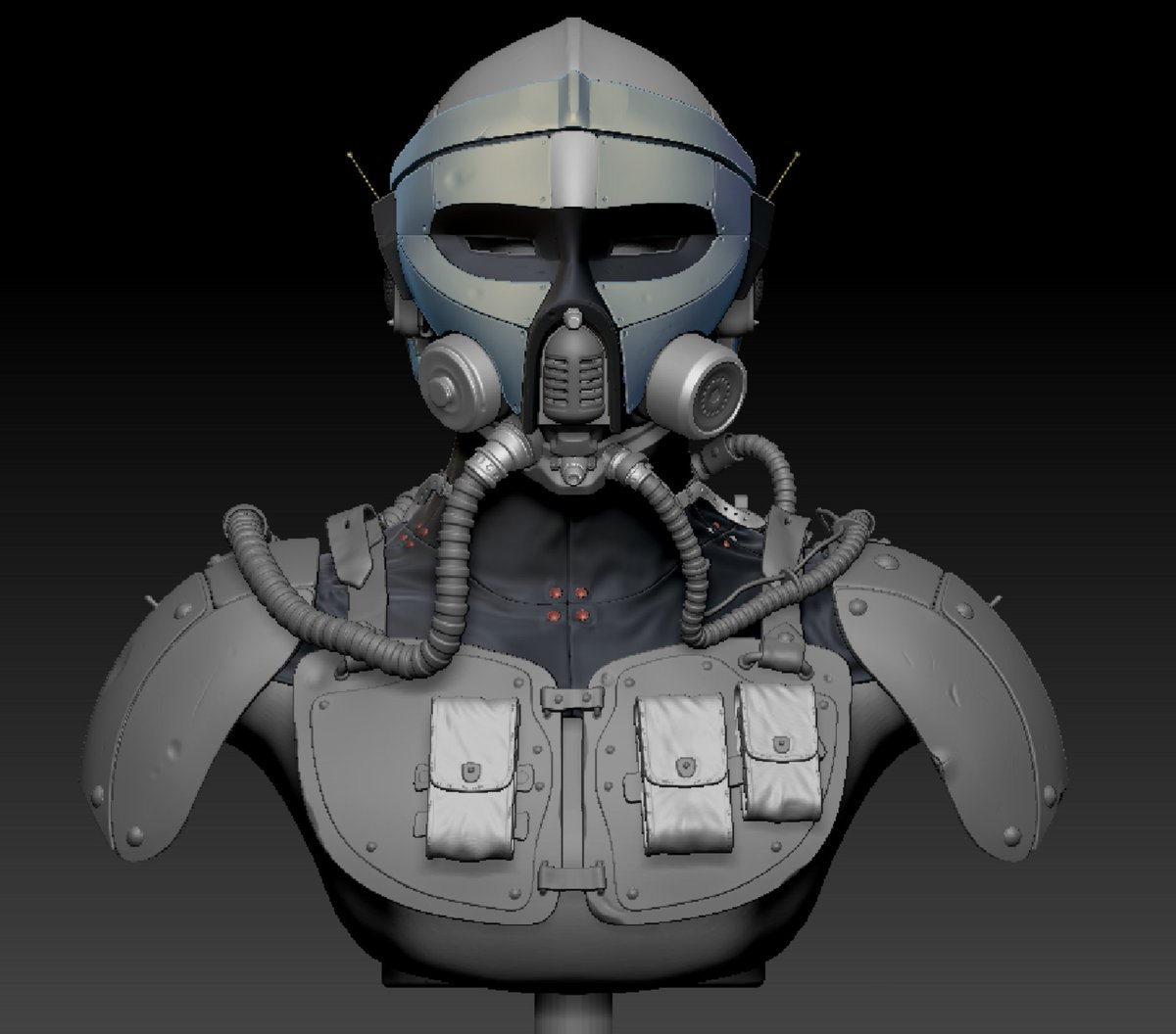 mechanizedmagik's tweet photo. Working to finish this. Made some modifiactions to the mouthpiece and the earpieces. Added chest pouches, working on adding detail.

Need to get this done.

#gameart #propmodel #ArtistOnX #ArtistOnTwitter #Zbrush #hardsurfacesculpting #sculpt https://t.co/JfIoUDGx2b