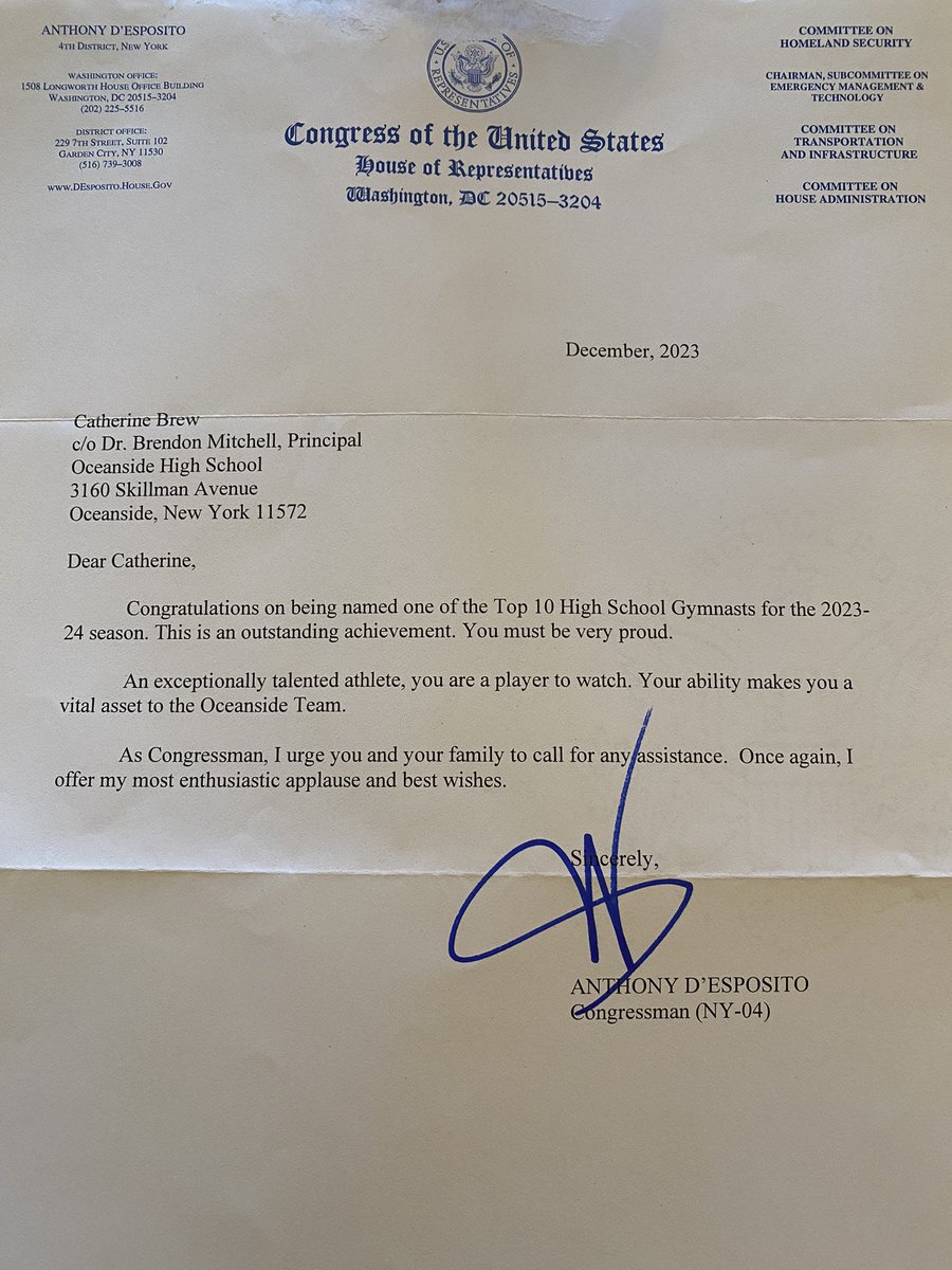 Sandra06899555's tweet photo. Thank you Congressman D’Esposito @ANTHONYDESPO for taking the time to congratulate Catherine Brew on her achievement in high school varsity gymnastics. She was very excited to show me the letter that you had sent to Oceanside High School. @TeachMitch @osdAthleticdept @OSchoolsPR https://t.co/SDAQPzU70Q