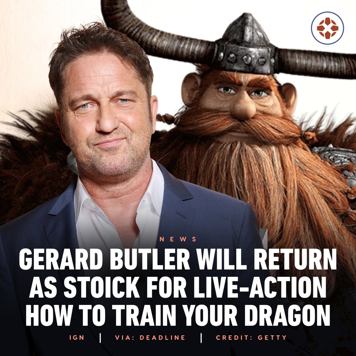IGN's tweet photo. Gerard Butler is returning as Stoick, Hiccup's over-protective father and Chieftain to the Isle of Berk, in the upcoming live-action How to Train Your Dragon film. https://t.co/LmxmUvxn6n https://t.co/QNAkOnhQCr
