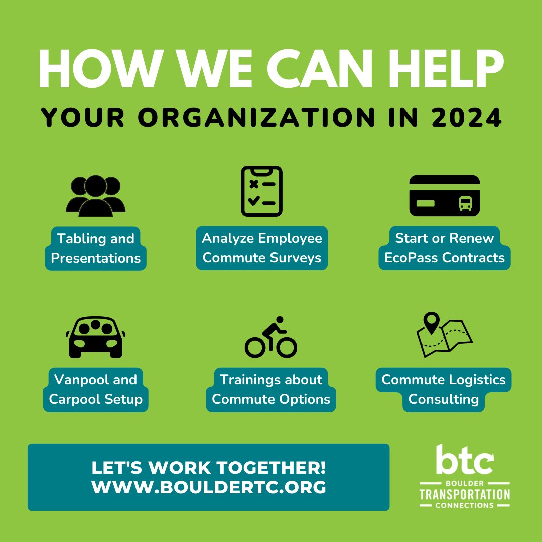 At BTC, our mission is to help #Boulder businesses, employees, and residents choose more efficient, cost-effective, and sustainable transportation options. Curious about how we can help you this year? Here are a few ways... Learn more: bouldertc.org/about/who-we-s… @BoulderChamber