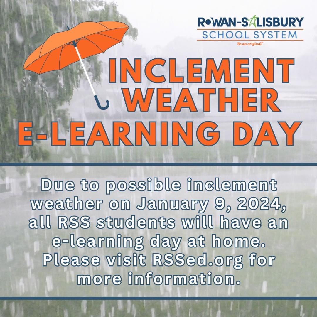 DavidWhisenant's tweet photo. Inclement Weather Update! Due to possible inclement weather on January 9, 2024, all RSS students will have an e-learning day at home. Please visit https://t.co/ayvpfuVf5n for more information.💧🌨 #RSSImpact https://t.co/wVeLG9Aqck
