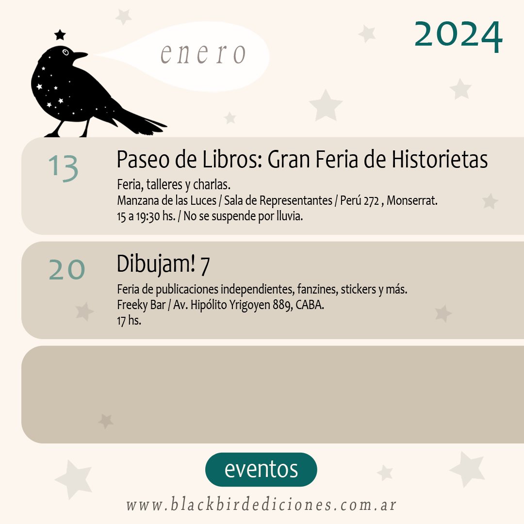 blackbird_zines's tweet photo. ~ Eventos de #ENERO 

✷ PASEO DE LIBROS: GRAN FERIA DE HISTORIETAS

✷ DIBUJAM! 7 https://t.co/UGEcsqqBtY