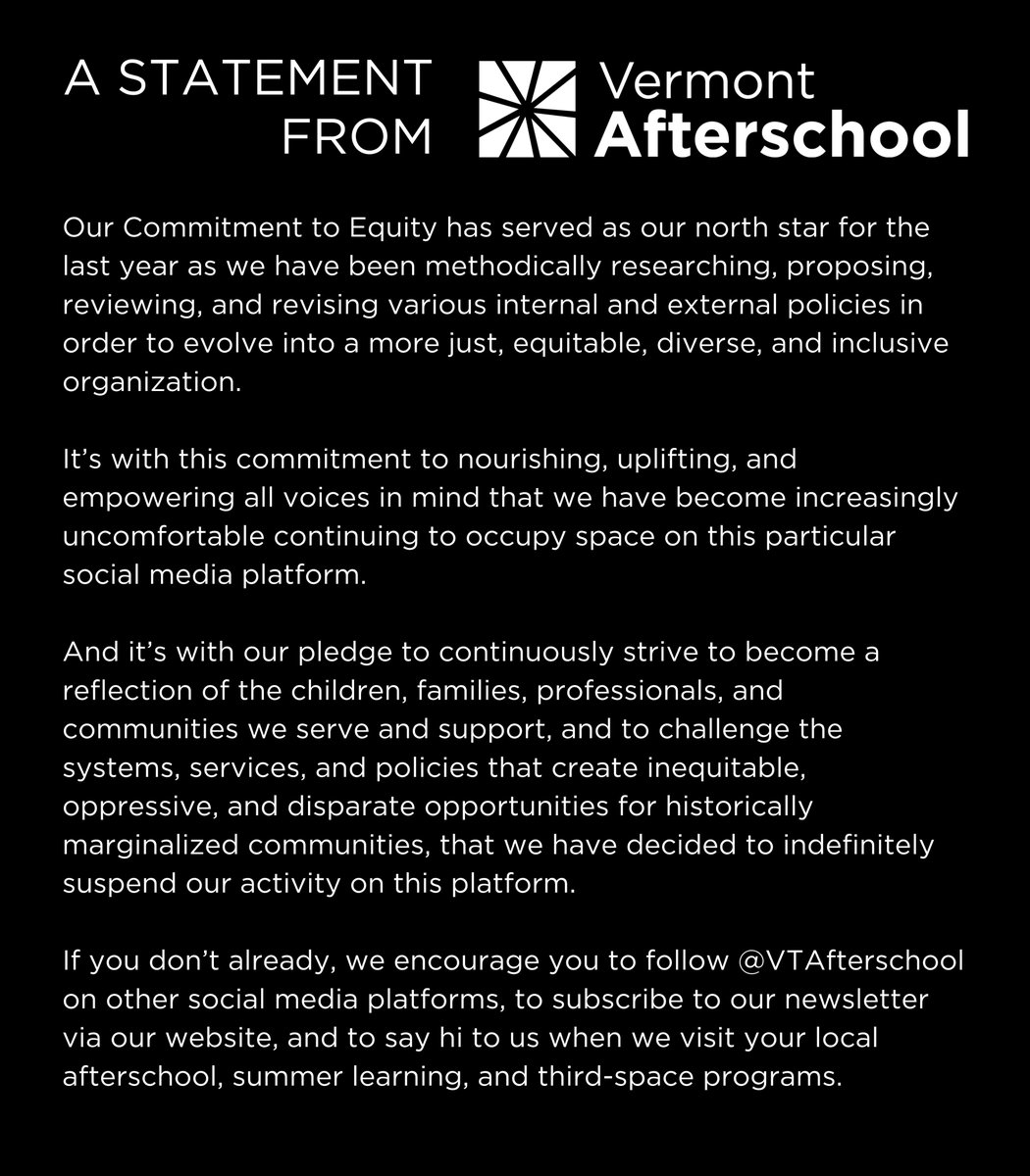 Vermont Afterschool will no longer be posting on Twitter. Here's why. And here's where else you'll find us: Facebook: facebook.com/vtafterschool Instagram: instagram.com/vtafterschool YouTube: youtube.com/@vtafterschool LinkedIn: linkedin.com/company/vtafte… Website: vermontafterschool.org