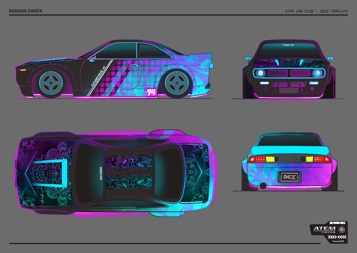 MagicMoArt's tweet photo. Check out my entry for the @atemcarclub 240SX Design Competition! Transformed the iconic 240SX into a canvas of automotive artistry. Excited to see the diverse designs from fellow enthusiasts! #ATEMIRL240SX 

Might do more designs if i get time

@futureverse
@JeffIYPK https://t.co/r9Sy4Mgin0