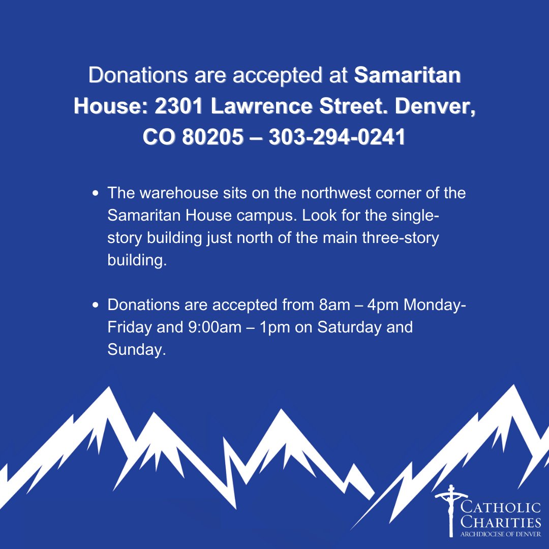 🙏𝔻𝕆ℕ𝔸𝕋𝕀𝕆ℕ𝕊 ℕ𝔼𝔼𝔻𝔼𝔻! 🙏
Due to additional families and individuals arriving in Colorado seeking services through Catholic Charities, the need for clothes, hygiene items and non-perishable food has drastically risen. We are respectfully asking for immediate donations