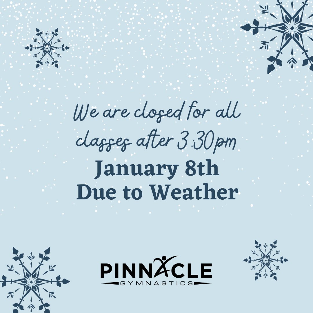pinngym's tweet photo. Stay Warm! Pinnacle is closing today at 3:30 PM. ❄️☃️

#SnowDay #PinnGymLife https://t.co/pcZPY0lUY7
