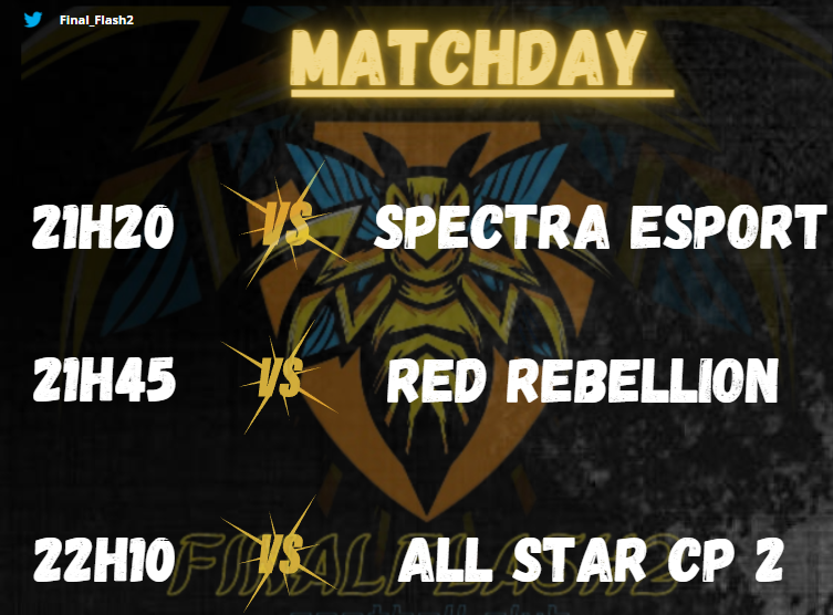 FinalFlash2 (@final_flash2) on Twitter photo MATCHDAY ⚽️
21H20 🆚#SPECTRA_ESPORT
21H45 🆚 <a href="/RedRebellionCP/">🔴 Red Rebellion 🔴</a>
22H10 🆚 <a href="/ALLSTARCP_/">ALL STAR CP</a>
twitch.tv/deminguet8
🎨 : <a href="/LutchoWoff/">LutchoW_08</a> MATCHDAY ⚽️
21H20 🆚#SPECTRA_ESPORT
21H45 🆚 <a href="/RedRebellionCP/">🔴 Red Rebellion 🔴</a>
22H10 🆚 <a href="/ALLSTARCP_/">ALL STAR CP</a>
twitch.tv/deminguet8
🎨 : <a href="/LutchoWoff/">LutchoW_08</a>