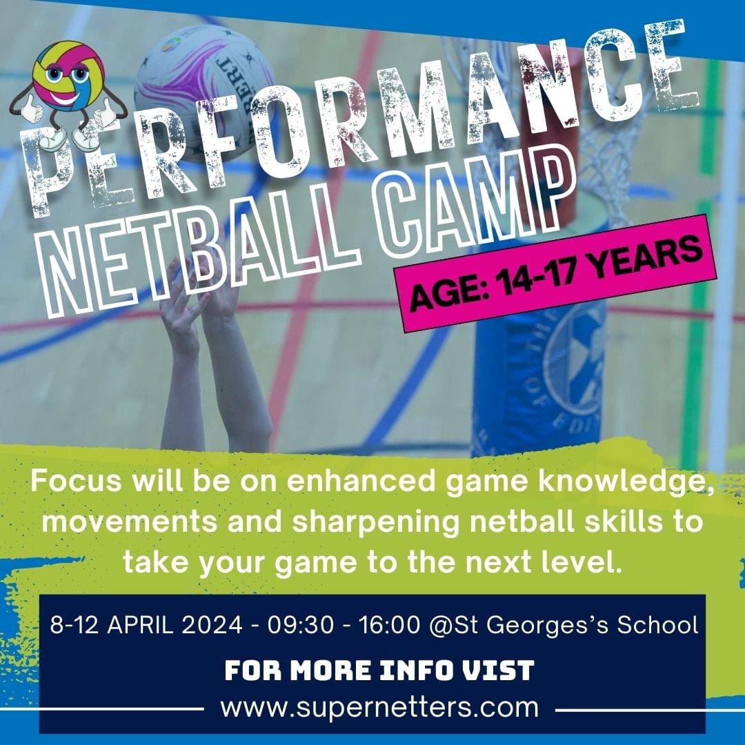 Easter Netball Camp - netball for anyone at any level.
One big camp split into 3 ability categories. 

Grassroots: 7-9 Years; 
Development: 10 - 13 year and Performance: 14-17 Years.  

See our website for more details and how to book:
supernetters.com/netball-camps/