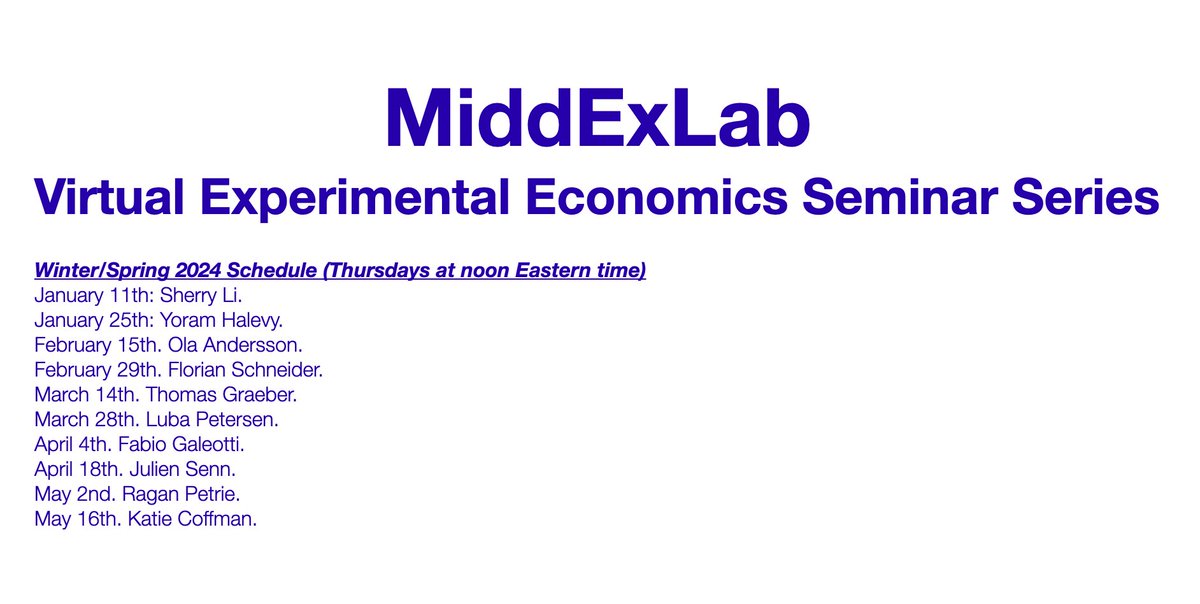 Back by popular demand: The MiddExLab virtual experimental economics seminar series resumes this Thursday at noon EST (NYC time). Seminars are open to all -- sign up on our website to receive the distribution emails. 

sites.google.com/view/middexlab…