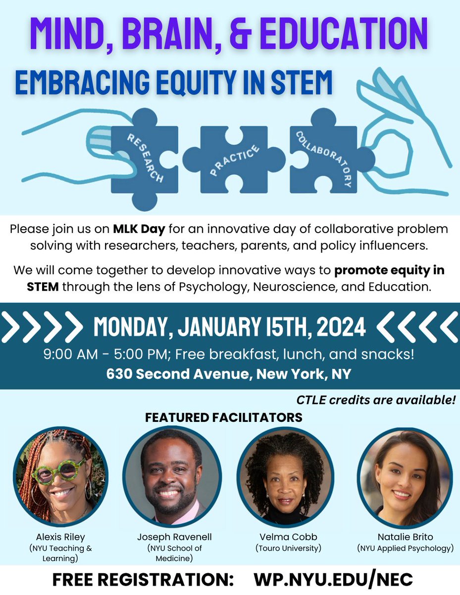 Come celebrate 1/15 #MLKDay2024. Join me, amazing friends &amp; colleagues to address equity gap in STEM. Rarely is there an MBE/STEM space with so much diversity💞 <a href="/EdWeekTeacher/">Education Week Teacher</a> <a href="/learningandtheb/">Learning & the Brain</a> <a href="/EdLibPlanBook/">PlanToChangeTheWorld</a> <a href="/bailabomba/">Straight Outta Haisha 🇭🇹</a> <a href="/galeabrewer/">Gale A. Brewer</a> <a href="/fcdusorg/">Foundation for Child Development</a> <a href="/pophealthNYC/">Population Health</a> <a href="/AMNH/">American Museum of Natural History</a> <a href="/nyusteinhardt/">NYU Steinhardt</a>