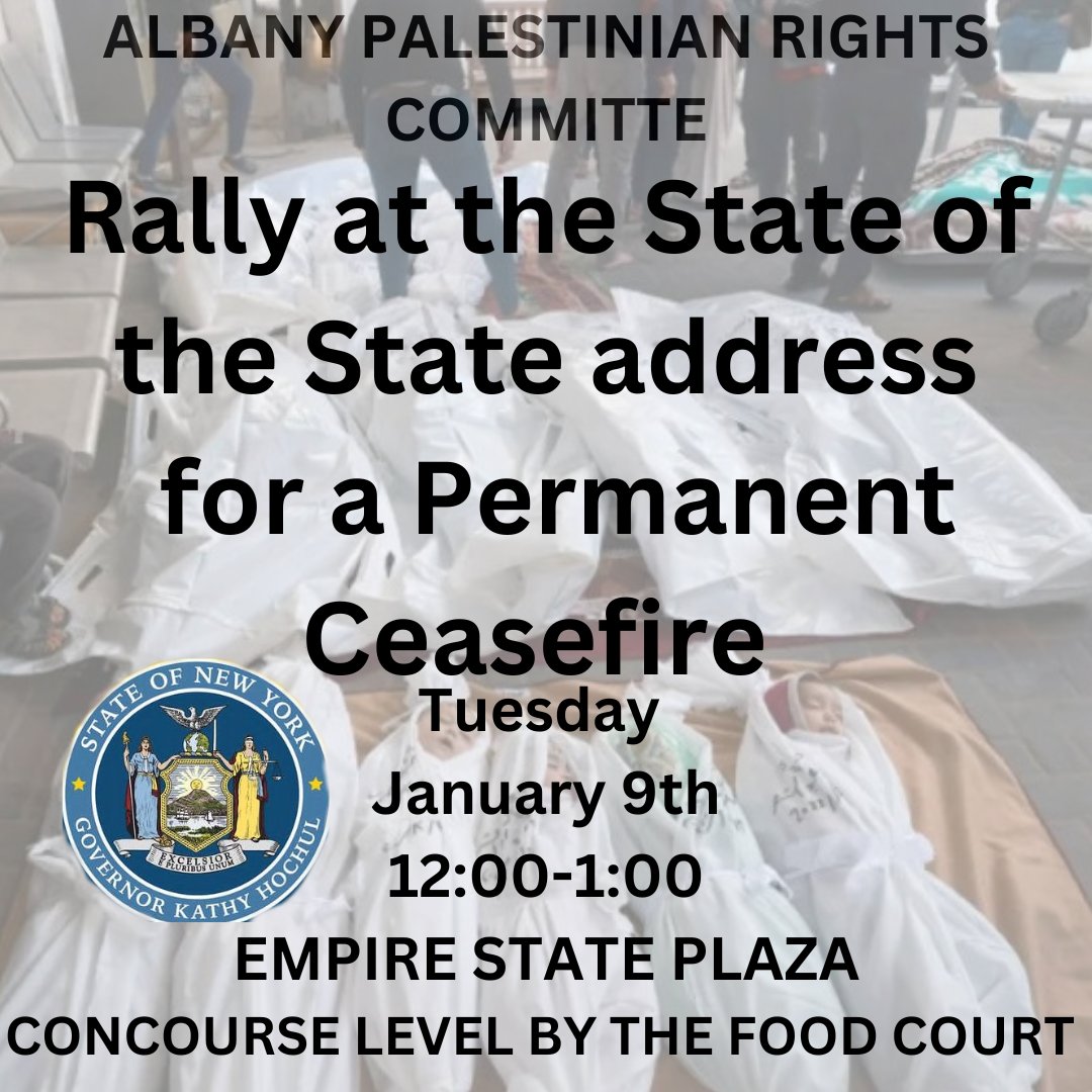 Tomorrow in Albany! Palestinian Rights Committee having a ceasefire rally, 12-1, war room second floor of the capital