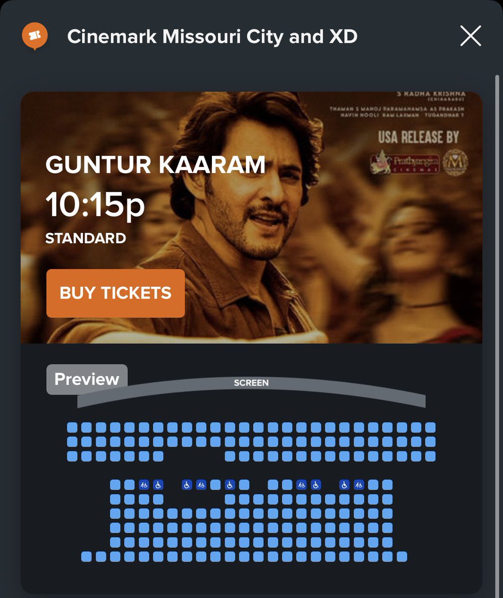 Attention 🚨 (MissouriCity, TX) 🤞🏻💥
After The Long Wait !! Cinemark Opened

Got Masssive Requests for this Finally

Cinemark Missouri City and XD Opened Two XD Shows 🏌️‍♂️✅

#GunturKaaramUSA #GunturKaaram
#GunturKaaramPremiersonJan11
#GkUsaBookingsUpdate