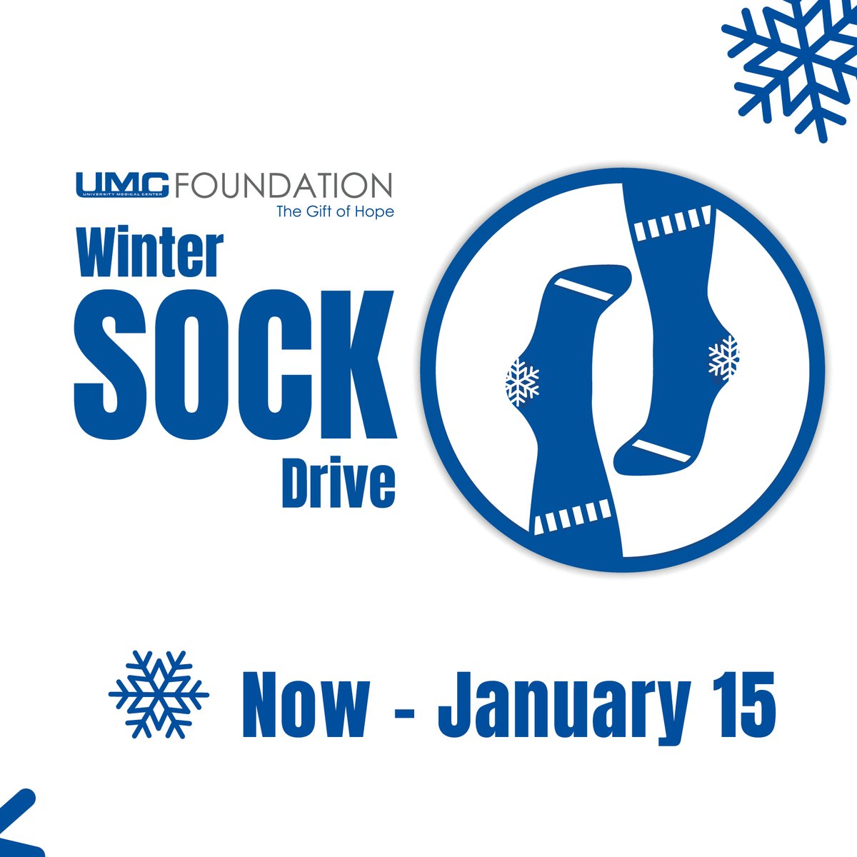 ❤🧦Warm hearts and soles - that is the goal of our first ever UMC Foundation Winter Sock Drive! Help those in need by donating new socks of all sizes, both child and adult. You can drop off socks to any UMC entrances and at the Healthy Living Institute now - January 15.