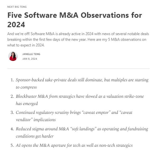 Software M&A is off to a quick start in '24, with news of several notable deals breaking just within the 1st week of the new year! Following these developments, I did a wrap up of last yr's M&A landscape & put together notes on 5 observations for 2024⏩ nextbigteng.substack.com/p/five-softwar…