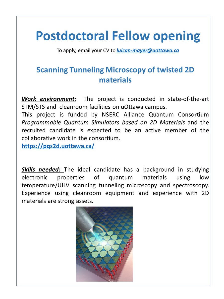 Another immediate opening in our group, this time we invite candidates for a postdoctoral position in scanning probe microscopy of twisted 2D materials.