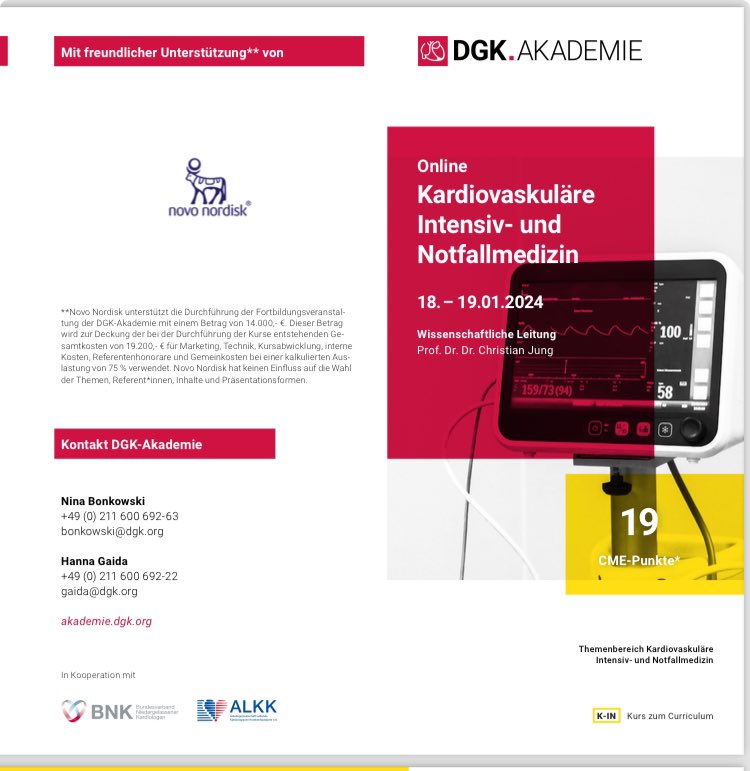 Tobias Graf (@tobiasgraf11) on Twitter photo Am 18.01.2024 und 19.01.2024 findet erneut unter Schirmherrschaft der DGK-Akademie eine Fortbildung zur Vervollständigung des Curriculums „Kardiovaskuläre Intensiv- und Notfalmedizin (KIN)“ statt. Lohnt sich!
<a href="/RolandTilz/">Roland Tilz</a> <a href="/thiele_holger/">Holger Thiele</a> <a href="/DGK_AG3/">AG3 - Kardiovaskuläre Intensiv- und Notfallmedizin</a> <a href="/DGK_org/">Deutsche Gesellschaft für Kardiologie</a> <a href="/GFurnau/">Georg Fürnau</a> <a href="/YoungDgk/">Young DGK</a> Am 18.01.2024 und 19.01.2024 findet erneut unter Schirmherrschaft der DGK-Akademie eine Fortbildung zur Vervollständigung des Curriculums „Kardiovaskuläre Intensiv- und Notfalmedizin (KIN)“ statt. Lohnt sich!
<a href="/RolandTilz/">Roland Tilz</a> <a href="/thiele_holger/">Holger Thiele</a> <a href="/DGK_AG3/">AG3 - Kardiovaskuläre Intensiv- und Notfallmedizin</a> <a href="/DGK_org/">Deutsche Gesellschaft für Kardiologie</a> <a href="/GFurnau/">Georg Fürnau</a> <a href="/YoungDgk/">Young DGK</a>