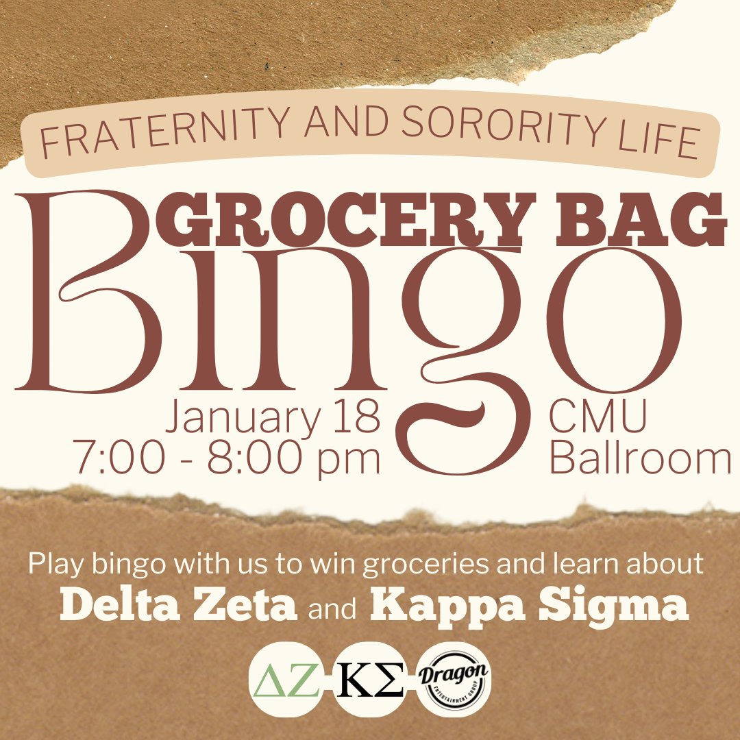 Join us at Fraternity and Sorority Life's Grocery Bag Bingo for a fun bingo night. Plus, don't miss the opportunity to learn more about Kappa Sigma Fraternity and Delta Zeta Sorority! @msumkappasigma  <a href="/deltazetamsum/">Delta Zeta Theta Nu</a>