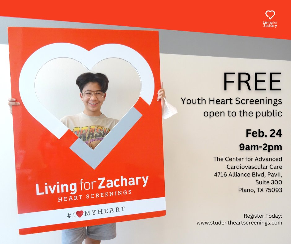 📣Claim your spot now⏳ for our next FREE youth heart screening event at The Center for Advanced Cardiovascular Care in Plano! The 9am-2pm event is open to the public, and registration is filling up fast!❤️ Register today at studentheartscreenings.com