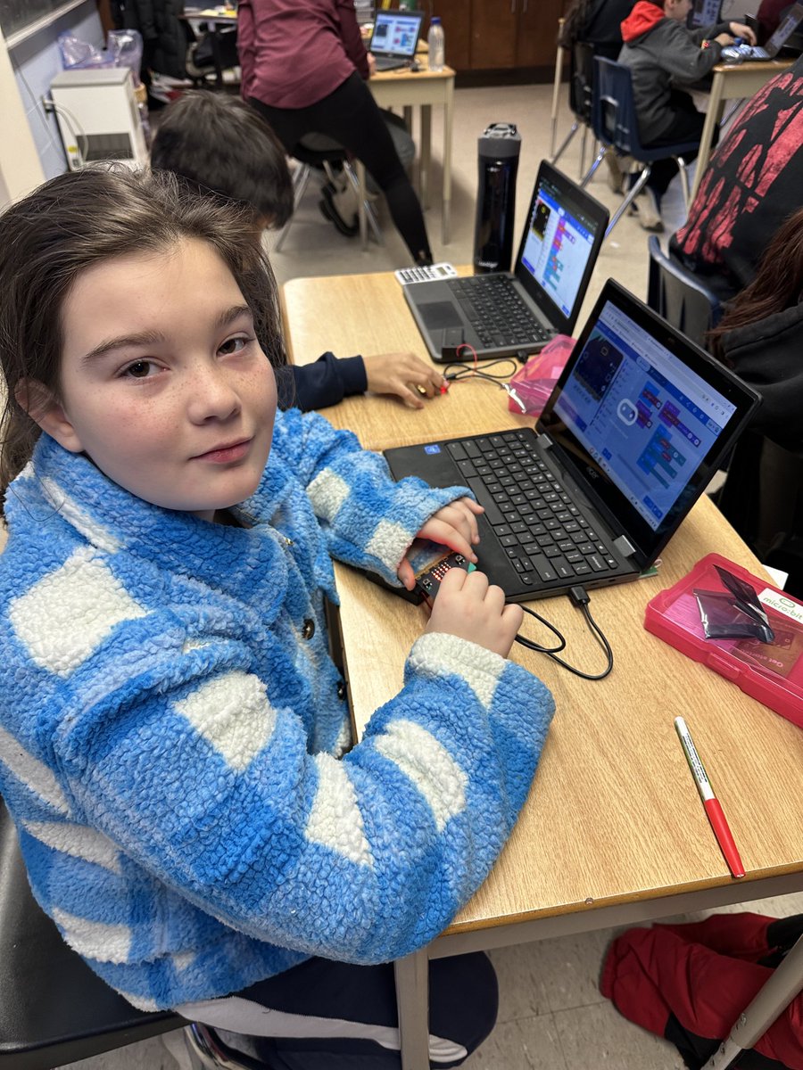 MissMimms's tweet photo. The 6ers really nailed it with the Microbits challenge. Their coding skills are on point, from rolling dice to playing rock paper scissors and even spelling out their names. So cool! 😄🎲✂️🎉 @PsSimcoe https://t.co/JKyxwUF12g