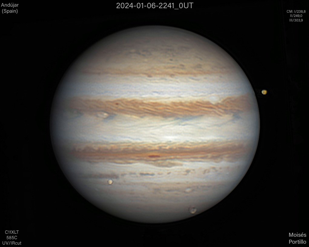 Júpiter con tres de sus satélites, Ganimedes, Ío y Europa.