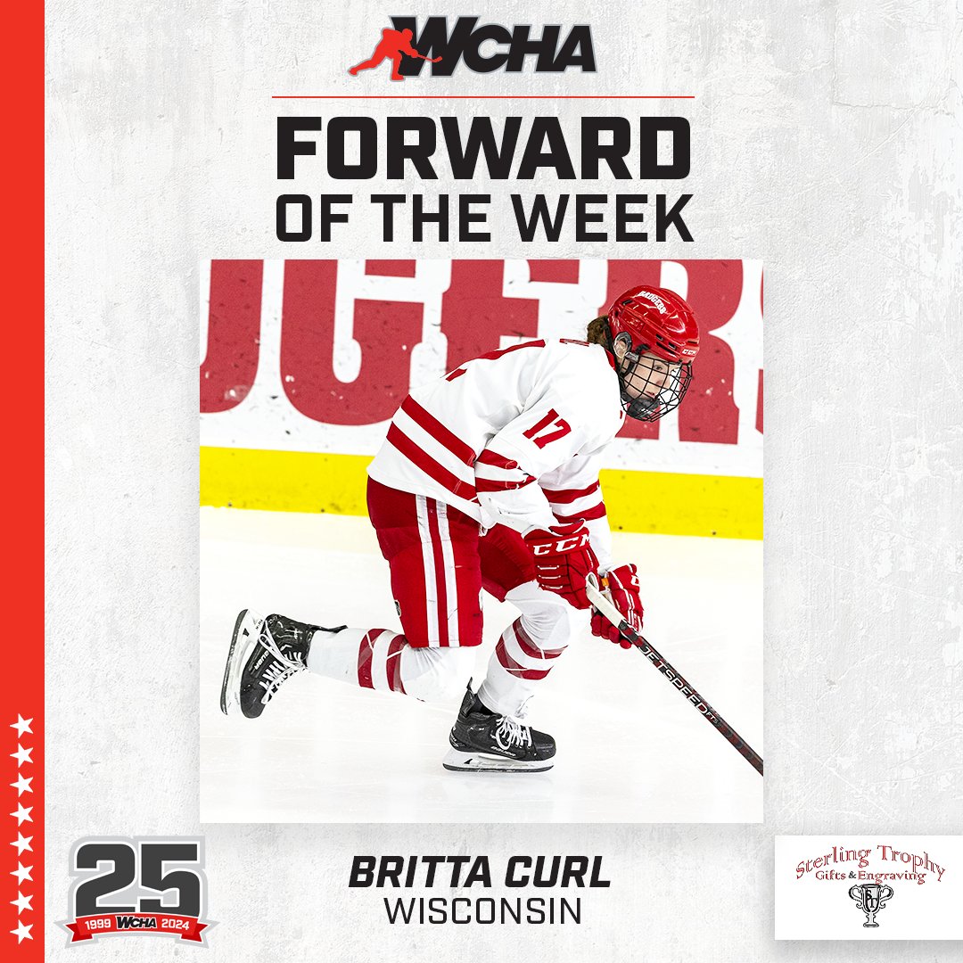 WCHA_WHockey's tweet photo. 🏆 Sterling Trophy WCHA Players of the Week for Jan . 1-7 have been announced!  
🏒 This week's honorees are:
Forward - Britta Curl, UW
Defense - Charlotte Akervik, MSU
Goalie - Skylar Vetter, UM
Rookie - Cassie Hall, UW
📰 Read all about it at: https://t.co/zcOSQGZg4p https://t.co/eiEUSUcZz2