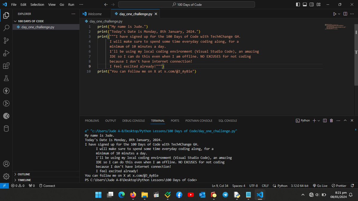 J_AyBie's tweet photo. Guiding a couple of learners on a 100 Days of Code Challenge in Python Programming.
Day 1/100: The Print Statement.
#100DaysOfCode #Tech4ChangeGH #PythonLearning https://t.co/Vqyi3QXc1S