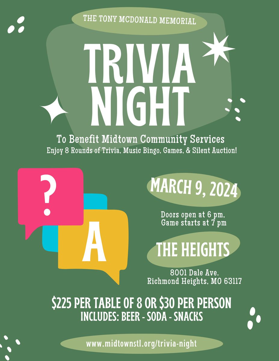 MidtownCS's tweet photo. Join Midtown at our annual Tony McDonald Memorial Trivia Night for 8 rounds of trivia fun to benefit our healthy baby, youth, and senior programming! The night also includes music bingo, silent auction &amp; more!
Find ticket and sponsorship details at https://t.co/4GnGDJtXu0. https://t.co/3epETTNG0n