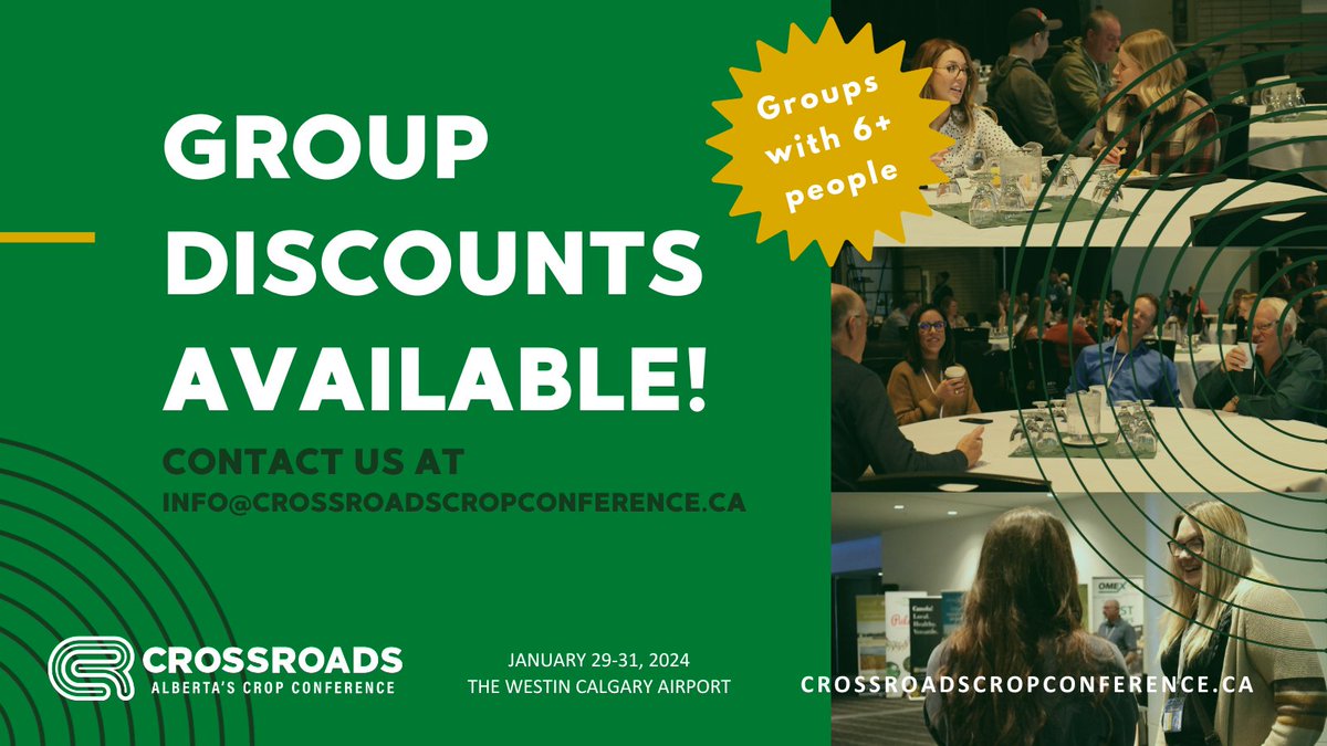 CrossRoadsCrop's tweet photo. Got a group of 6 or more? Reach out to us at info@crossroadscropconference.ca and we'll set up direct billing for your tickets, saving you money – no service fees!
Get your crew together and don’t miss out on this great offer! 🚜🌾#GroupDiscount #crossroadscrop #Abag #westcdnag https://t.co/cWYrFv4jti
