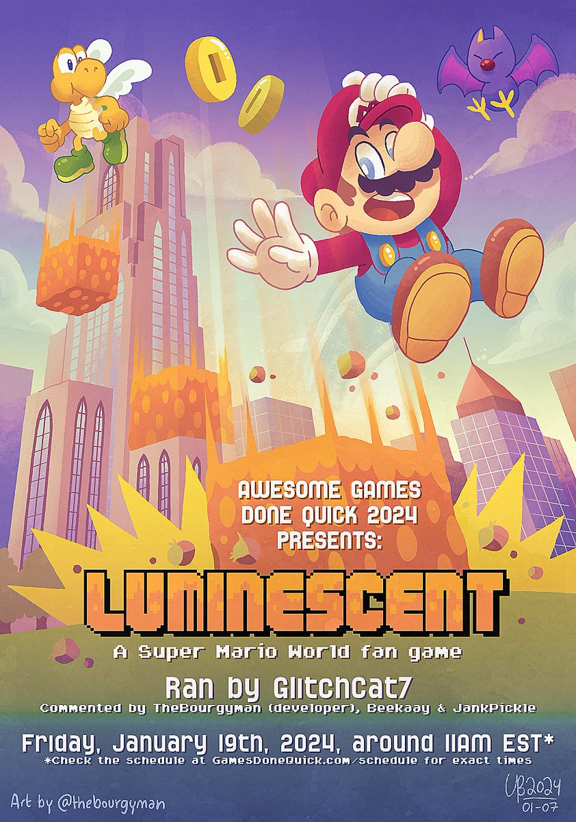 So, @GamesDoneQuick is coming up soon, and my Super Mario World fan game, Luminescent, will be played there! Here's a poster made by yours truly for the occasion. ;) Run by the talented @GlitchCat7, commented by me, @JankPickle and @BeeKaaaay! Who else is going to #AGDQ2024?