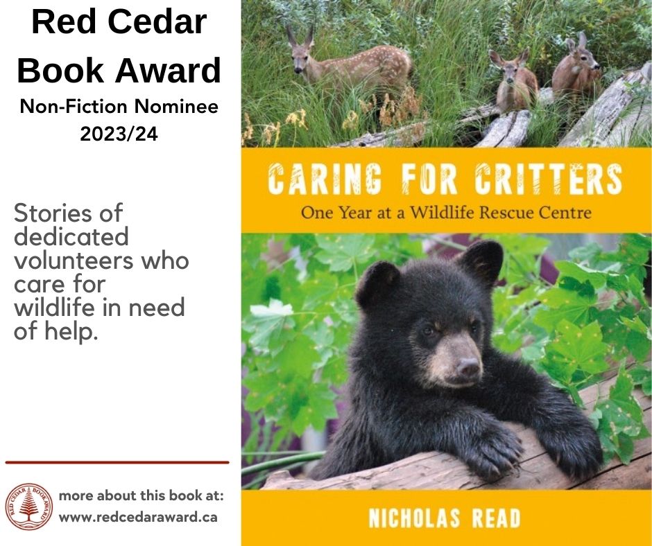 Caring for Critters: One Year at a Wildlife Rescue Centre by Nicholas Read. Find out more about this great Red Cedar Book Award 2023/24 Non-Fiction nominee at redcedaraward.ca/non-fiction-ca…