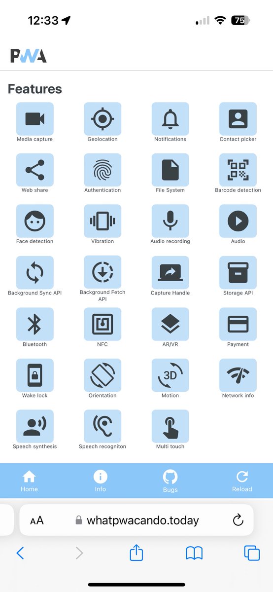 dvassallo's tweet image. Cool demo of what PWAs can do today: whatpwacando.today

This site can be installed as a PWA and you can try all these features on your phone.