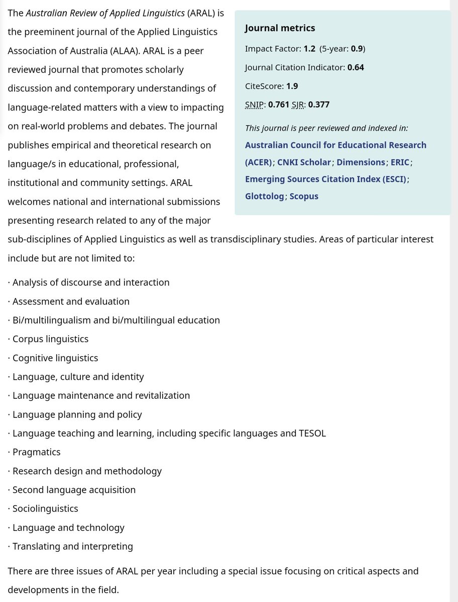 DrVSinkeviciute's tweet photo. 📑 It is my immense pleasure to join the Australian Review of Applied Linguistics (#ARAL) team as Associate Editor 🥳

In #ARAL, I'd love to see more on
✅️ (L2) #pragmatics
✅️ #discouse 
✅️ #interaction
✅️ #culture 
✅️ #identity

https://t.co/eghyjS4yu3

@johnbenjamins https://t.co/jRzTgSQJ2E
